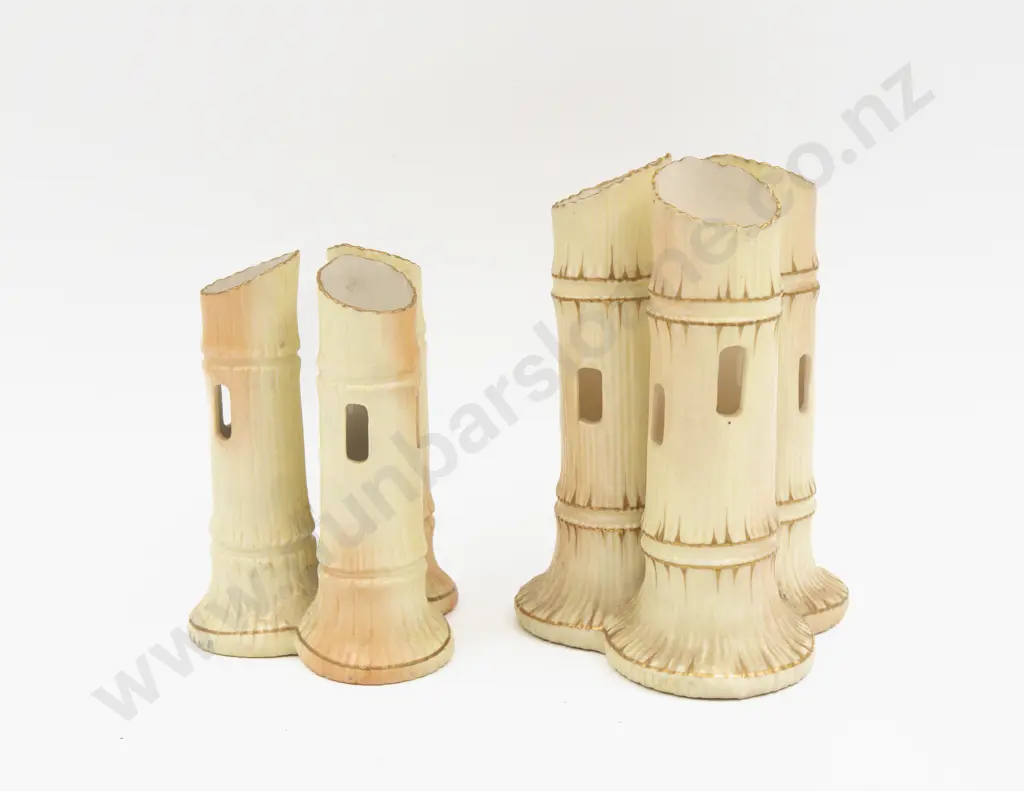 Two Locke Worcester Peach Ground Triple Stem Bamboo Vases Image 1++