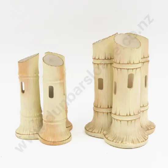 Two Locke Worcester Peach Ground Triple Stem Bamboo Vases