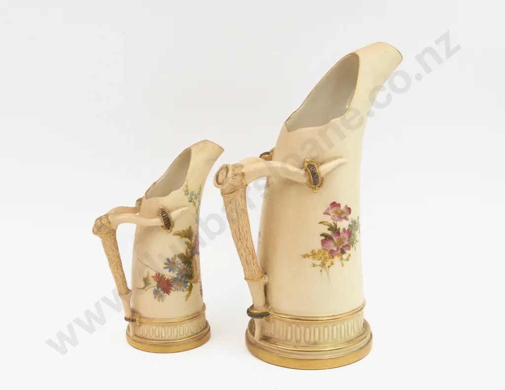 C1901 Royal Worcester Two Peach Ground Floral Painted Ice Jugs Image 1++
