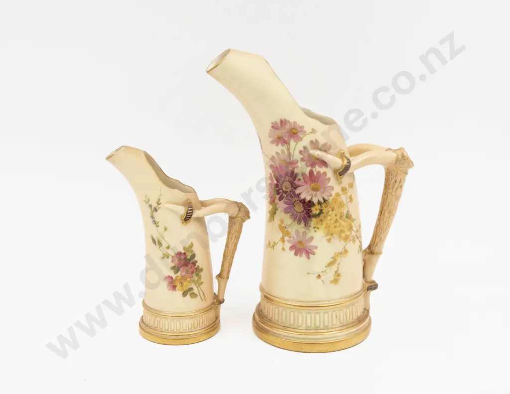 C1901 Royal Worcester Two Peach Ground Floral Painted Ice Jugs Image 1++