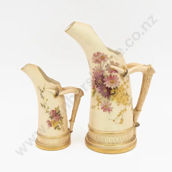 C1901 Royal Worcester Two Peach Ground Floral Painted Ice Jugs