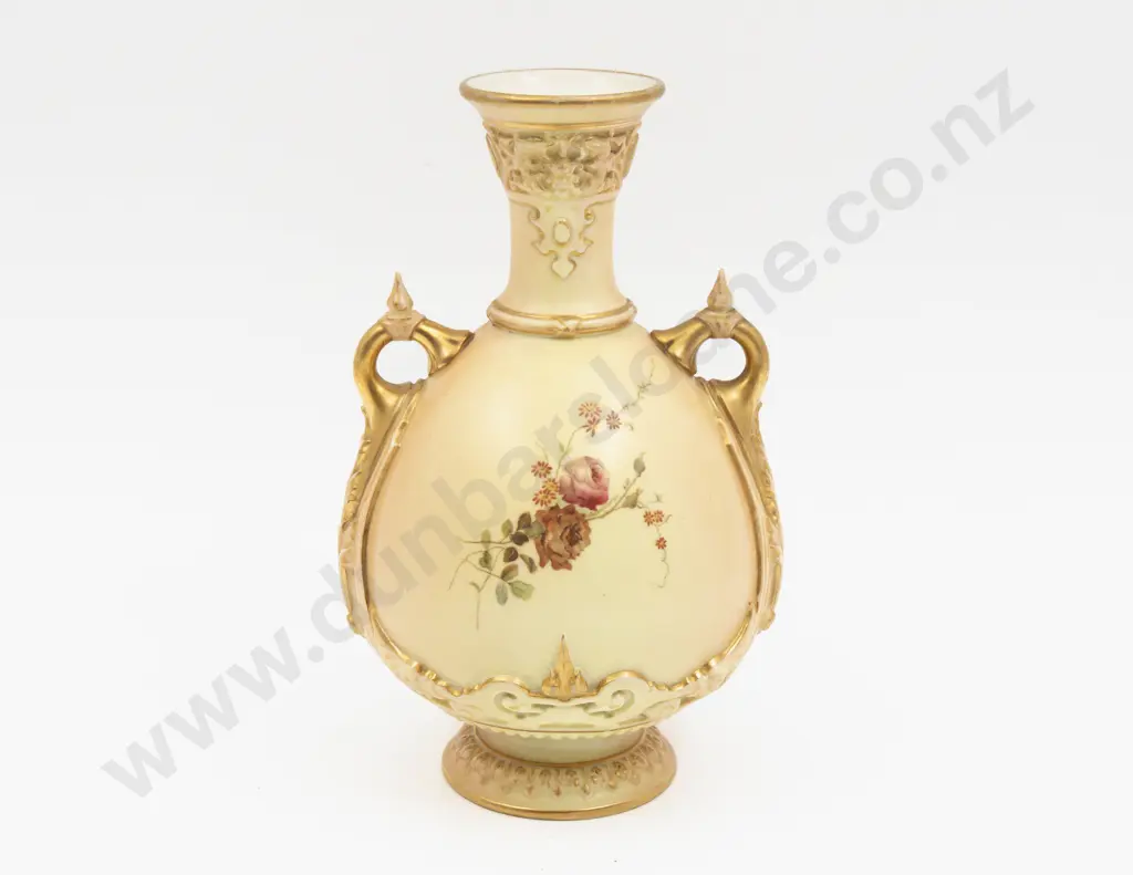 C1893 Royal Worcester Peach Ground Hand Painted Floral Urn Image 1++