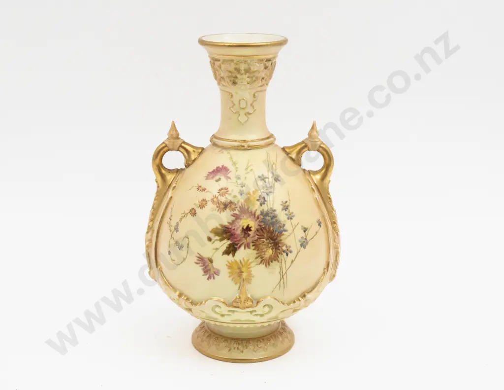 C1893 Royal Worcester Peach Ground Hand Painted Floral Urn Image 1++