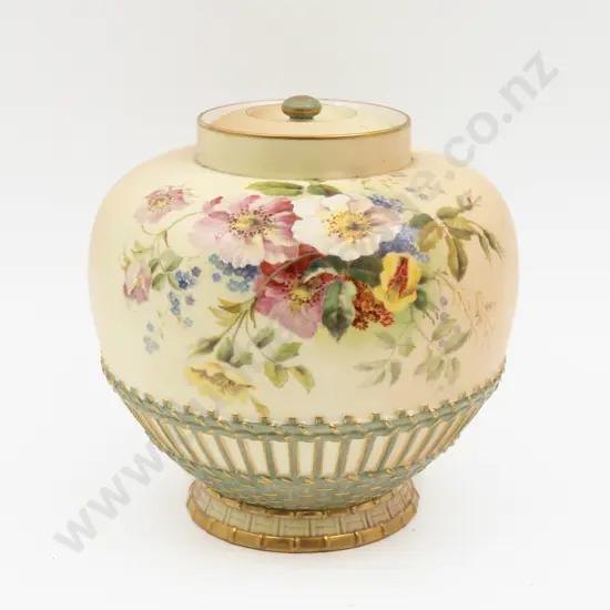 C1901 Royal Worcester Peach Ground Painted Floral Pot Pourri Vase #1286