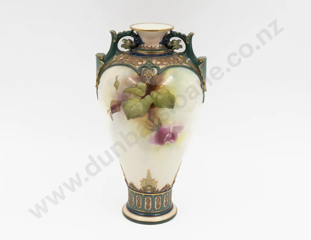 C1908 Royal Worcester Rose Painted Urn signed R Austin Image 1++
