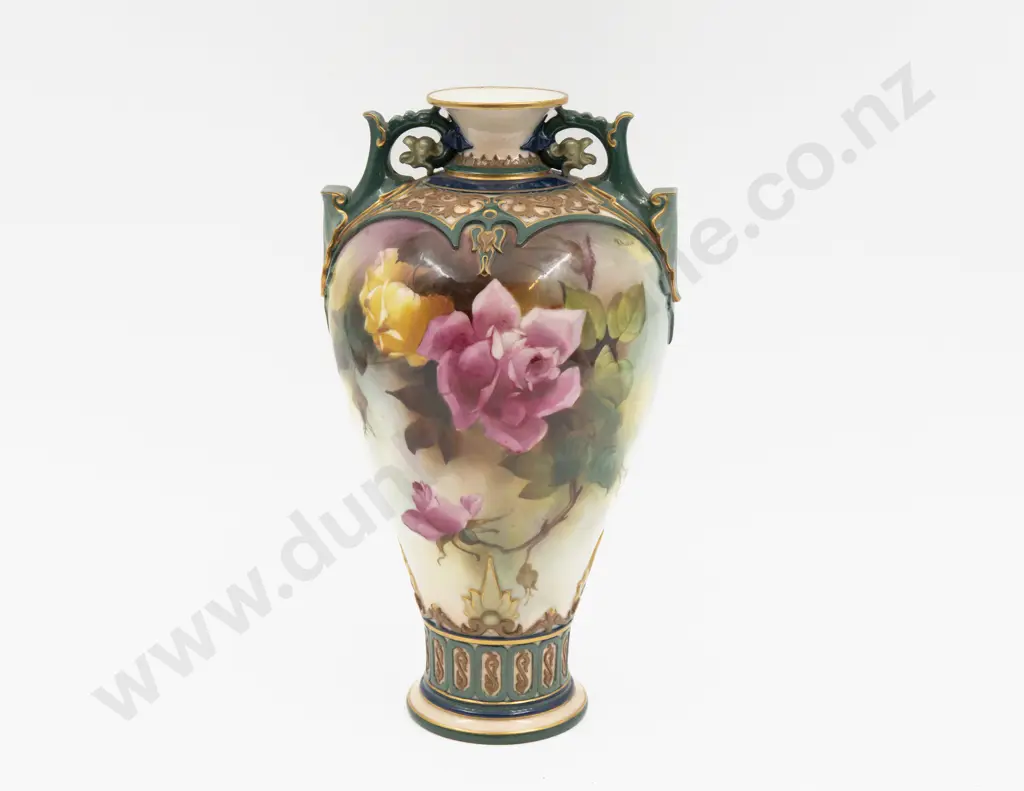C1908 Royal Worcester Rose Painted Urn signed R Austin Image 1++