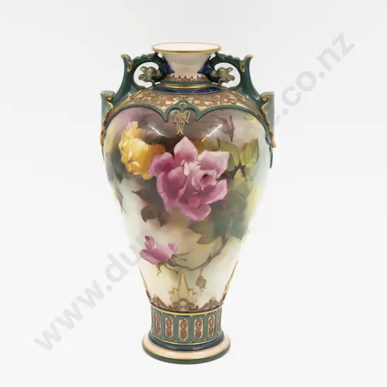 C1908 Royal Worcester Rose Painted Urn signed R Austin