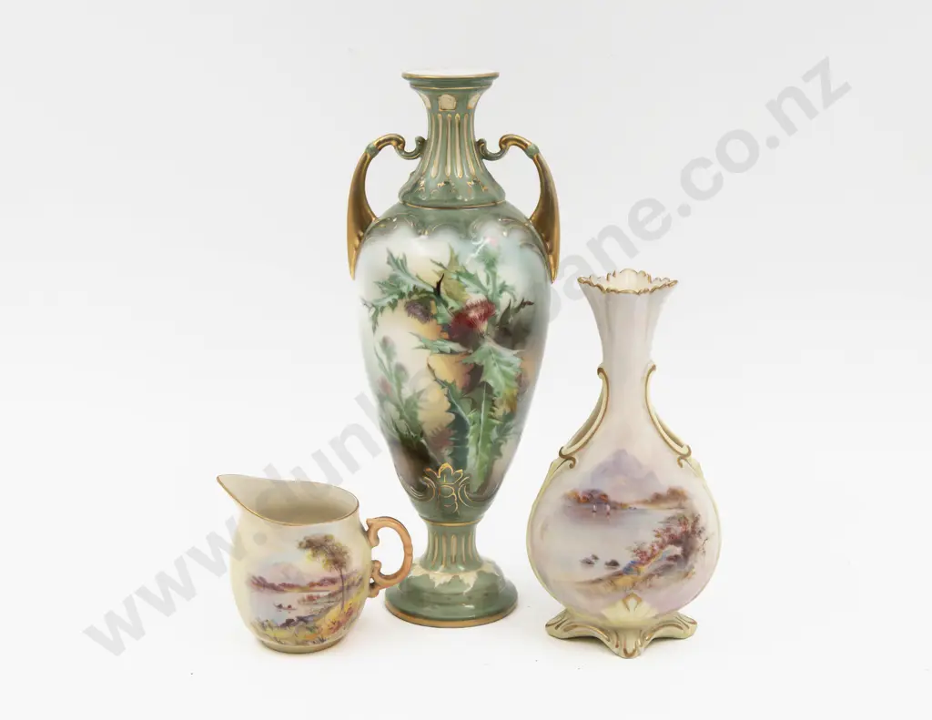Unmarked (Royal Worcester) Painted Thistles Urn and Locke Worcester Painted Loch Scene Vase and Jug Image 1++