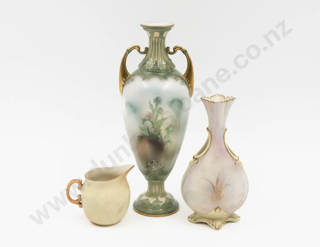 Unmarked (Royal Worcester) Painted Thistles Urn and Locke Worcester Painted Loch Scene Vase and Jug Image 1++