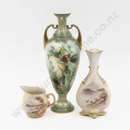 Unmarked (Royal Worcester) Painted Thistles Urn and Locke Worcester Painted Loch Scene Vase and Jug