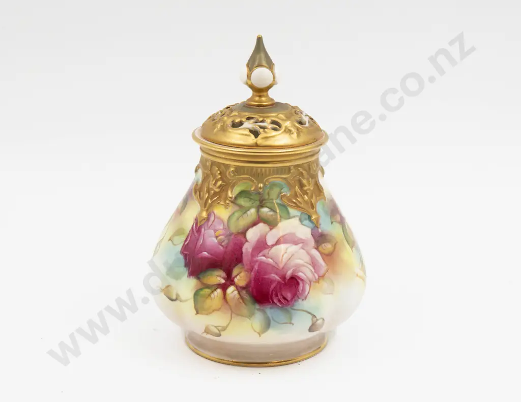 C1950 Royal Worcester Painted Roses Vase and Cover signed M Hunt Image 1++