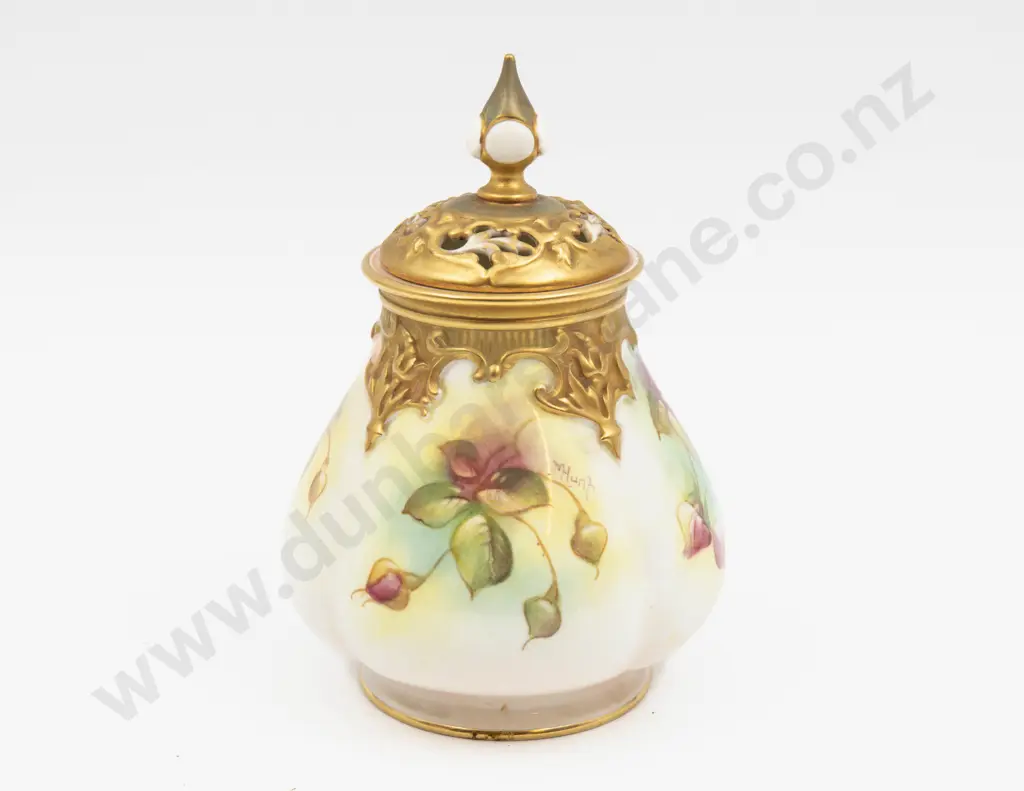 C1950 Royal Worcester Painted Roses Vase and Cover signed M Hunt Image 1++