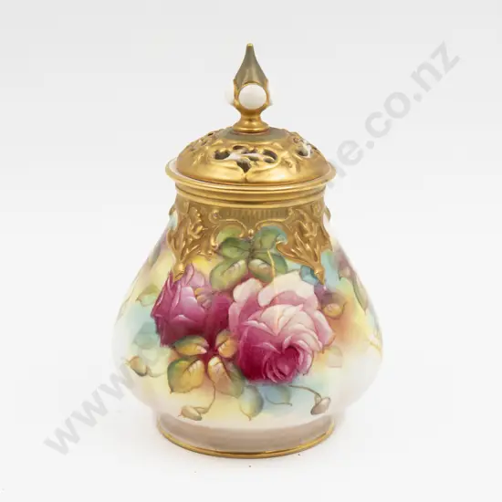 C1950 Royal Worcester Painted Roses Vase and Cover signed M Hunt