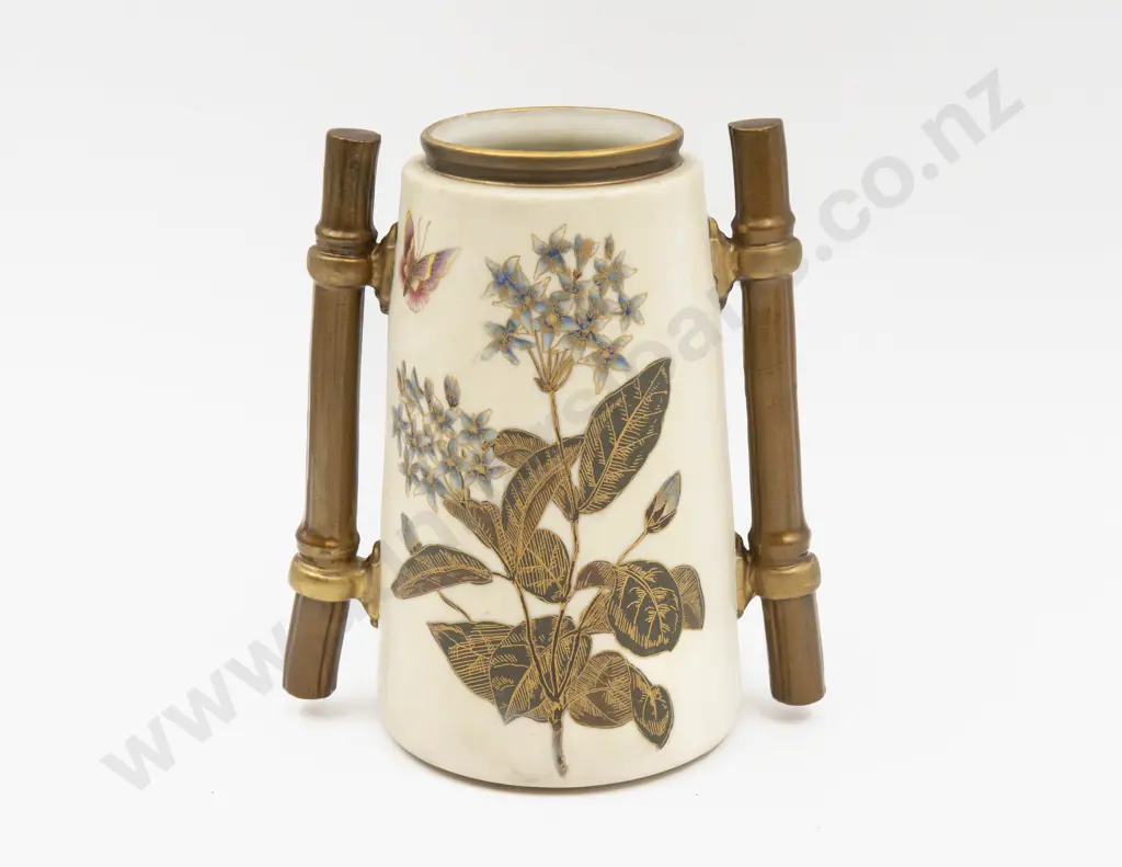 C1870 Royal Worcester Ivory Ground Painted Florals and Insects Bamboo Vase Image 1++