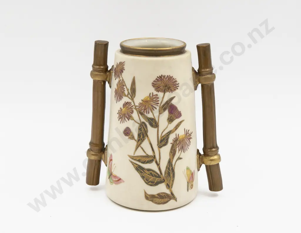 C1870 Royal Worcester Ivory Ground Painted Florals and Insects Bamboo Vase Image 1++