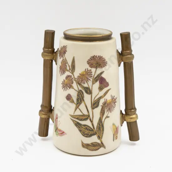 C1870 Royal Worcester Ivory Ground Painted Florals and Insects Bamboo Vase