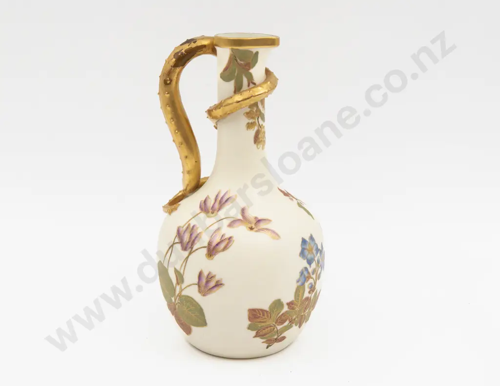 C1888 Royal Worcester Ivory Ground Painted Florals Lizard Handled Ewer Image 1++