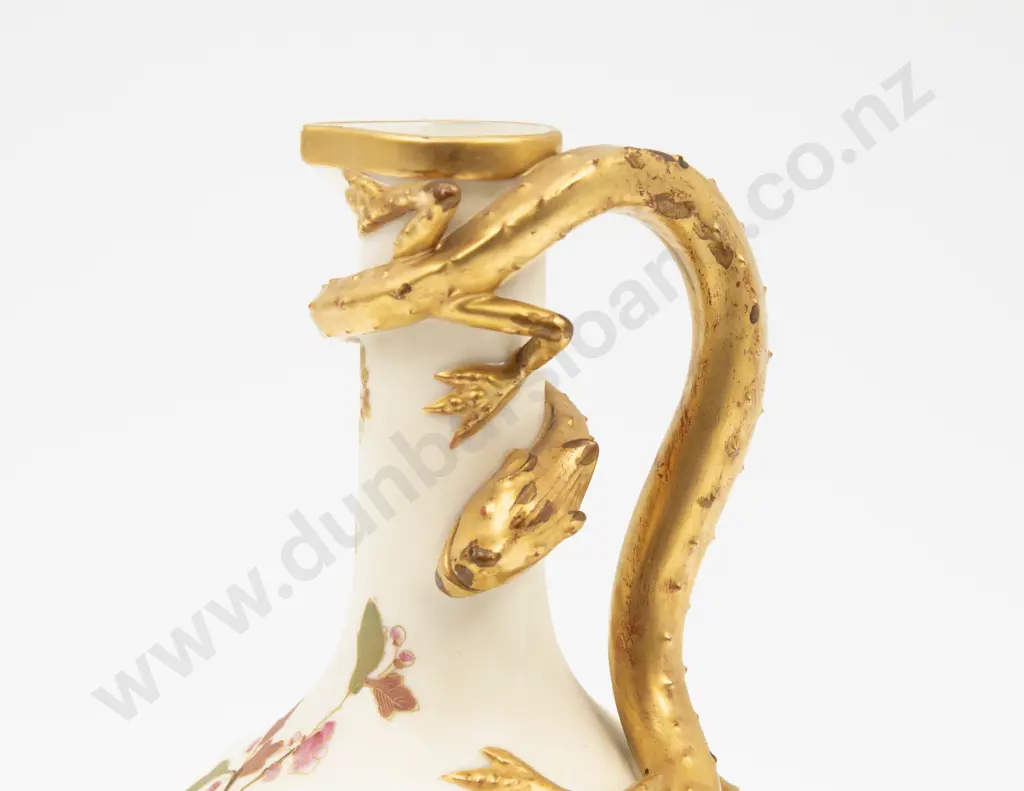C1888 Royal Worcester Ivory Ground Painted Florals Lizard Handled Ewer Image 1++
