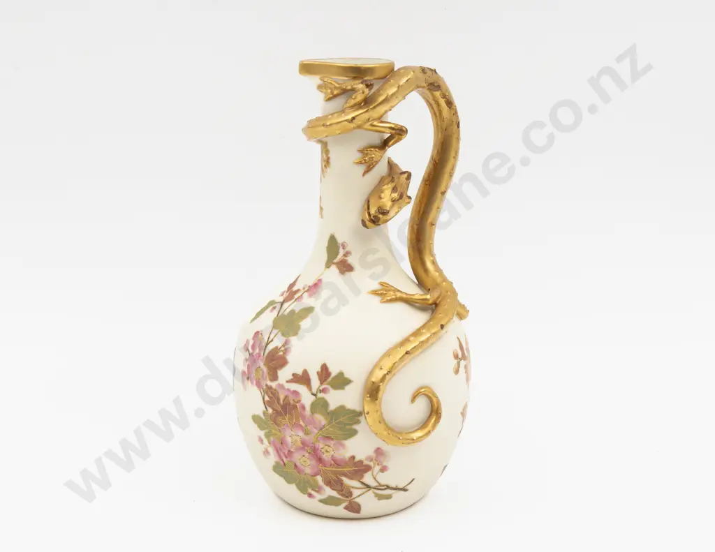 C1888 Royal Worcester Ivory Ground Painted Florals Lizard Handled Ewer Image 1++