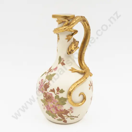 C1888 Royal Worcester Ivory Ground Painted Florals Lizard Handled Ewer