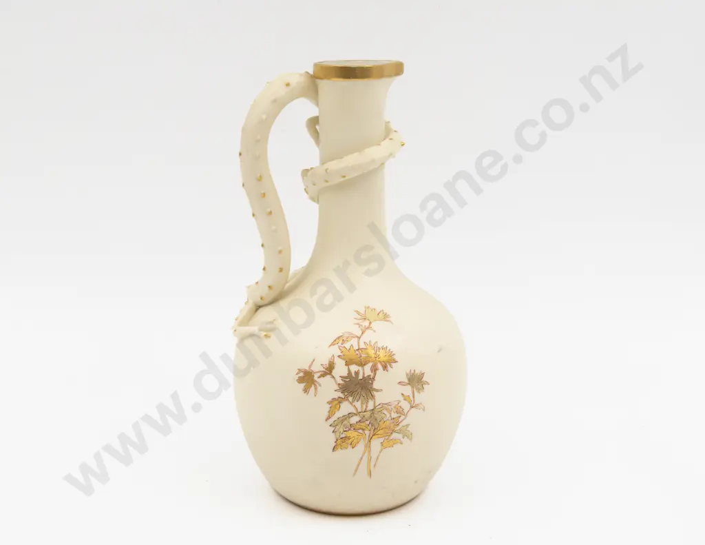 C1888 Royal Worcester Ivory Ground Painted Florals Lizard Handled Ewer Image 1++