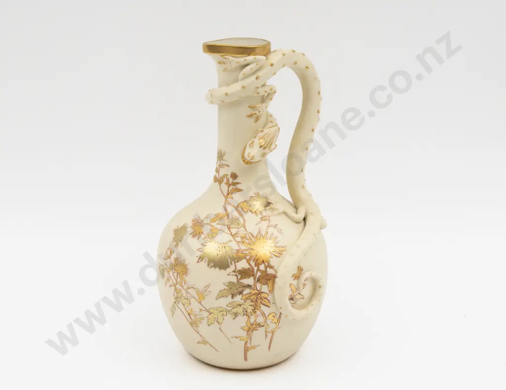 C1888 Royal Worcester Ivory Ground Painted Florals Lizard Handled Ewer Image 1++