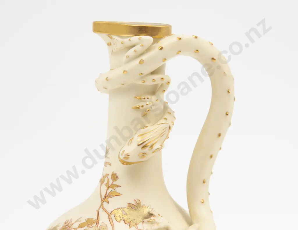 C1888 Royal Worcester Ivory Ground Painted Florals Lizard Handled Ewer Image 1++