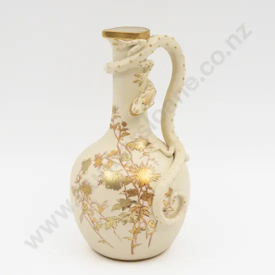 C1888 Royal Worcester Ivory Ground Painted Florals Lizard Handled Ewer