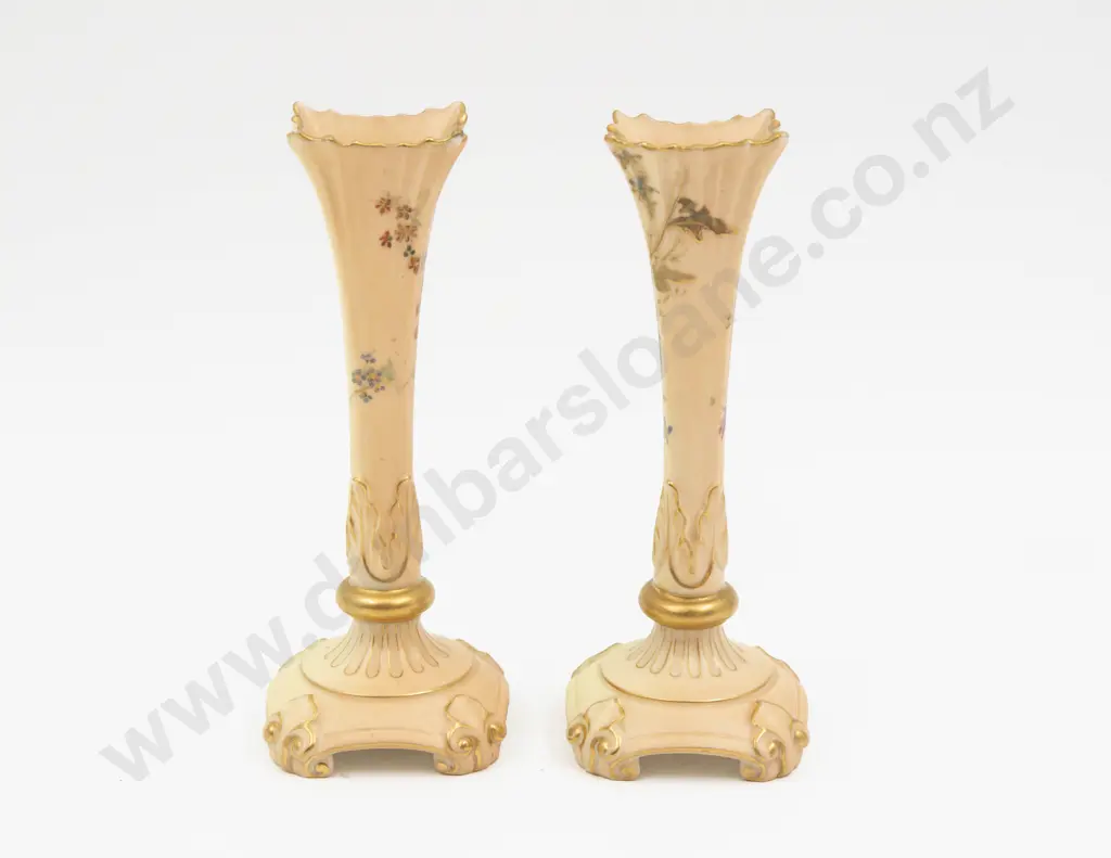 Two C1897 Royal Worcester #1728 Vases Peach Ground Painted with Florals Image 1++