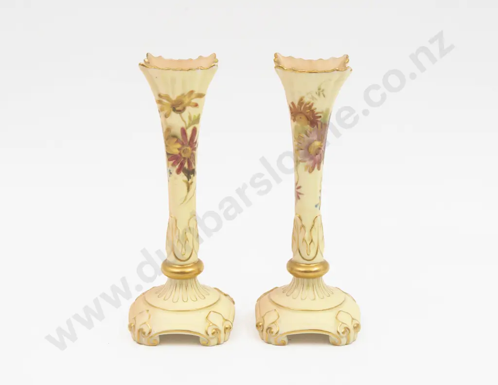 Two C1897 Royal Worcester #1728 Vases Peach Ground Painted with Florals Image 1++