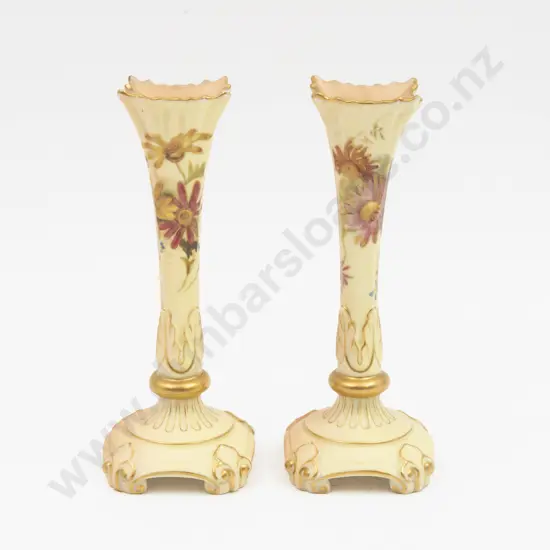 Two C1897 Royal Worcester #1728 Vases Peach Ground Painted with Florals