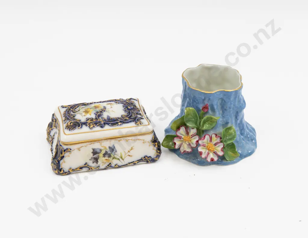 C1897 Royal Worcester Painted Floral Trinket Box and Later Floral Encrusted Pot Image 1++