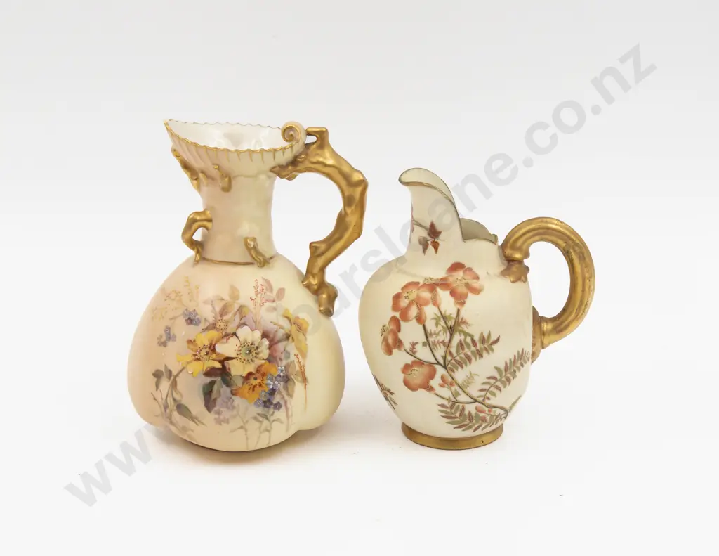 C1889 Royal Worcester Peach Ground Painted Florals Flat Back Jug and Ewer Image 1++