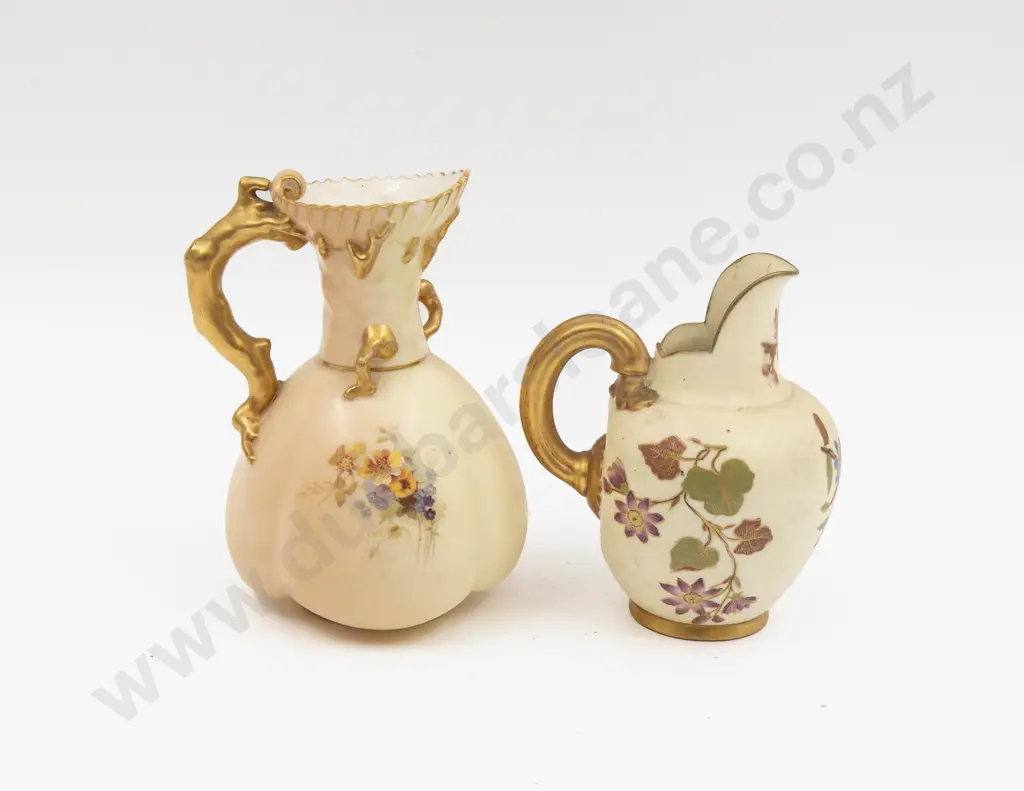 C1889 Royal Worcester Peach Ground Painted Florals Flat Back Jug and Ewer Image 1++