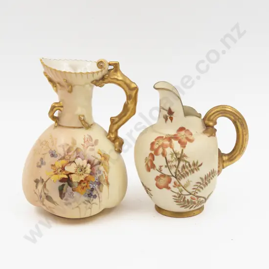 C1889 Royal Worcester Peach Ground Painted Florals Flat Back Jug and Ewer