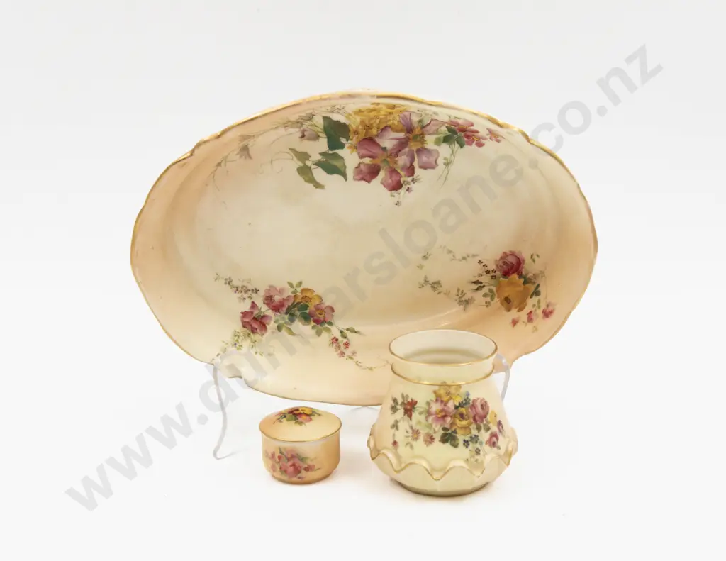 C1900 Royal Worcester Peach Ground Painted Florals Serving Dish With Posy Pot and Rouge Pot Image 1++