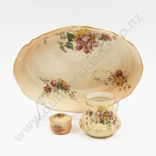 C1900 Royal Worcester Peach Ground Painted Florals Serving Dish With Posy Pot and Rouge Pot