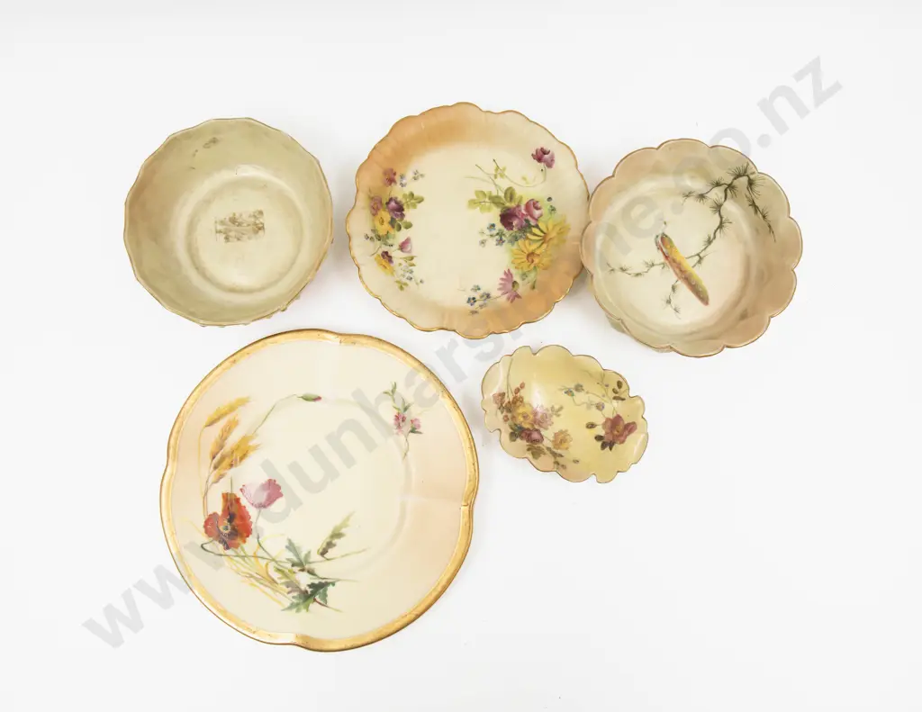 Five Locke Worcester and Royal Worcester Peach Ground Painted Florals Dishes Image 1++