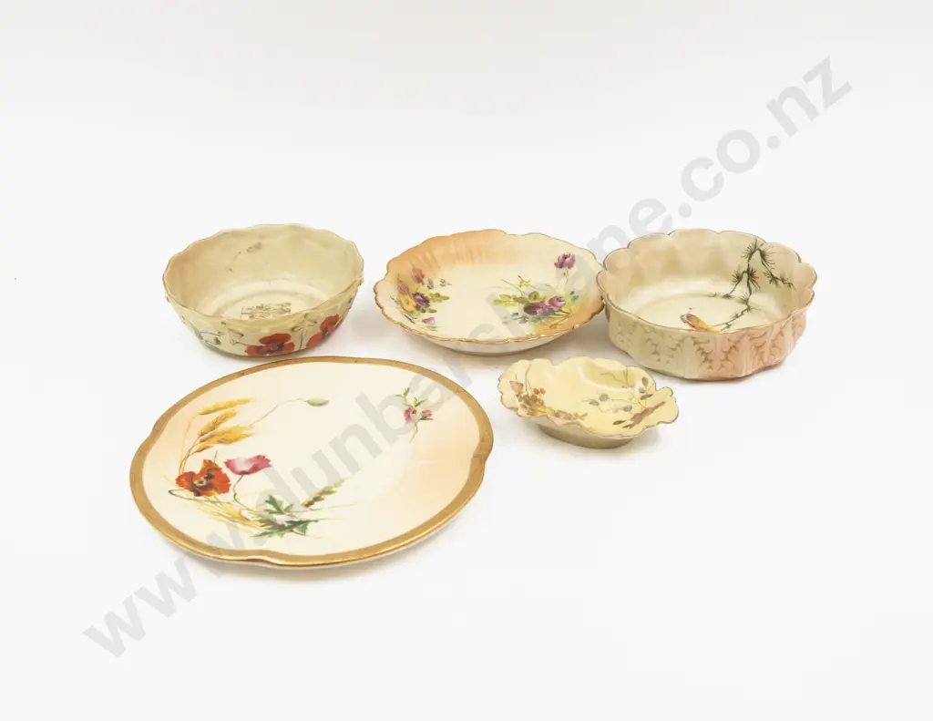 Five Locke Worcester and Royal Worcester Peach Ground Painted Florals Dishes Image 1++