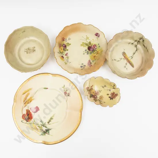 Five Locke Worcester and Royal Worcester Peach Ground Painted Florals Dishes