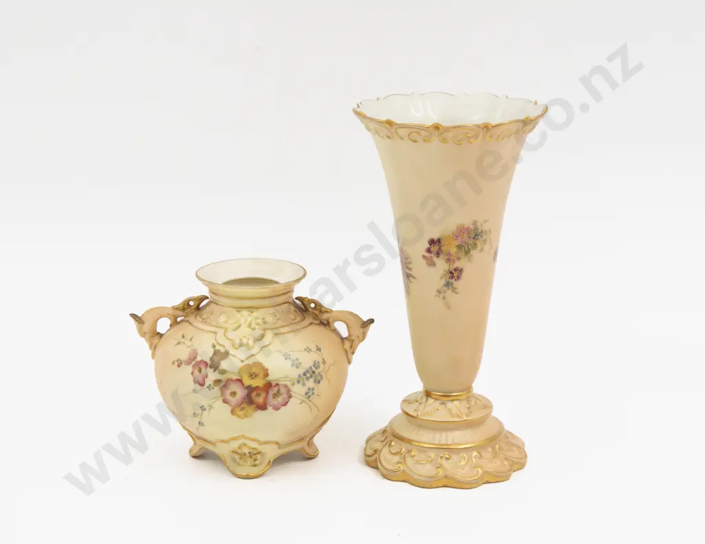 C1910 Royal Worcester Peach Ground Painted Floral Trump Vase and Posy Pot Image 1++