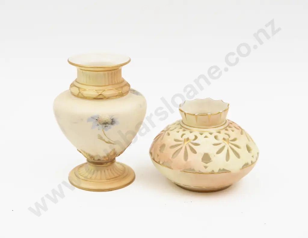 C1897 Royal Worcester Peach Ground Floral Painted Posy Urn and Locke Worcester Pot Image 1++