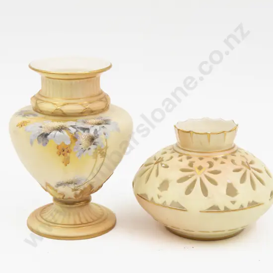 C1897 Royal Worcester Peach Ground Floral Painted Posy Urn and Locke Worcester Pot