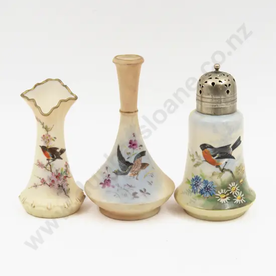 Two Locke Worcester Peach Ground Painted Birds Specimen Vase and Sugar Caster