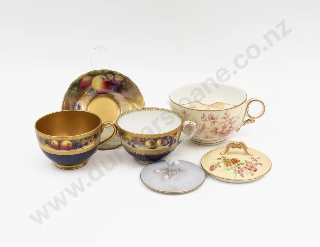Unmatched Royal Worcester Two Tea Cups - Saucer - Moustache Cup - Two Lids Image 1++