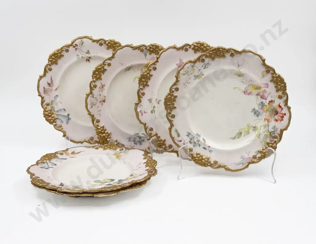 Six Doulton Burslem Print & Hand Coloured Fancy Dessert Plates 23.5cm Dia Image 1++