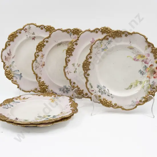 Six Doulton Burslem Print & Hand Coloured Fancy Dessert Plates 23.5cm Dia