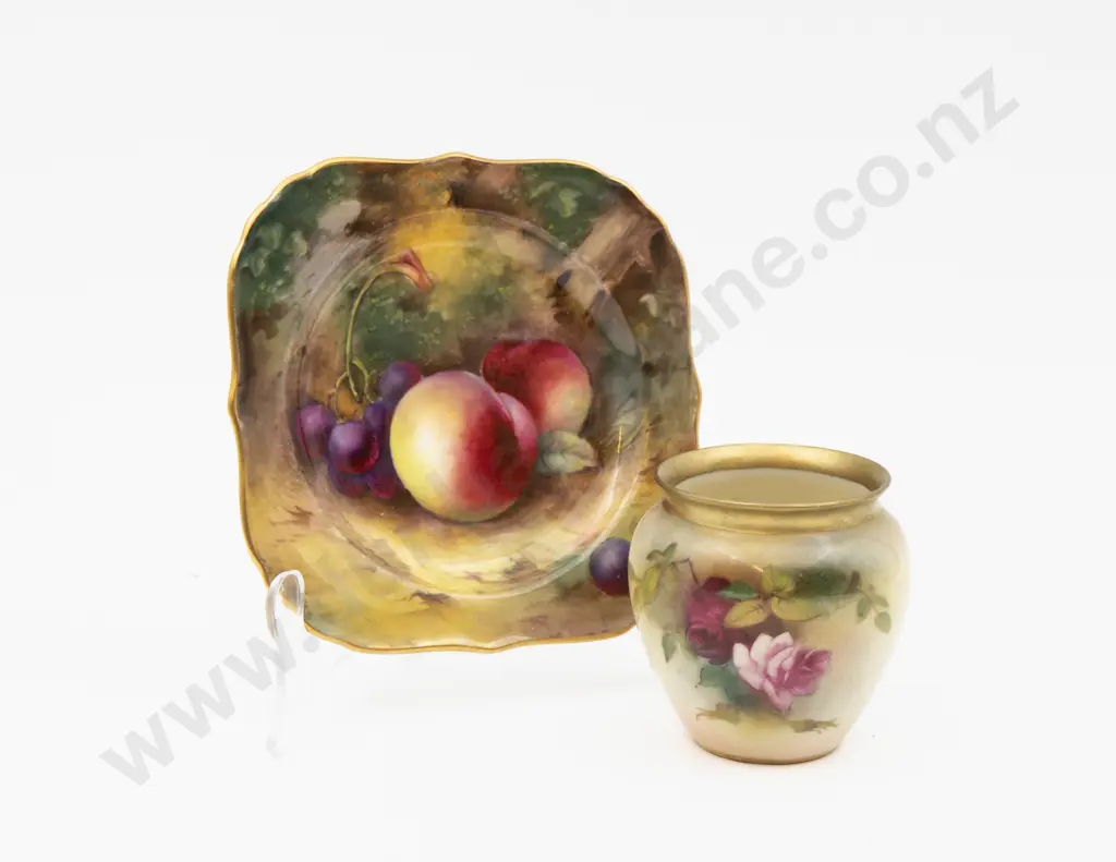 C1925 Royal Wiorcester Hand Painted Roses Posy Pot 6cm Dia & Signed Plate13.5cm W Image 1++