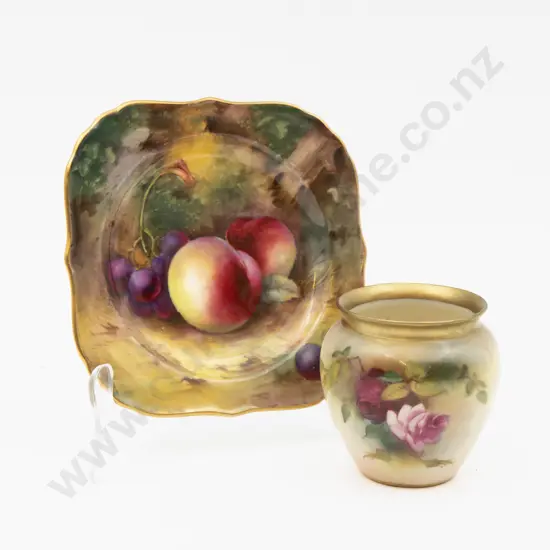 C1925 Royal Wiorcester Hand Painted Roses Posy Pot 6cm Dia & Signed Plate13.5cm W