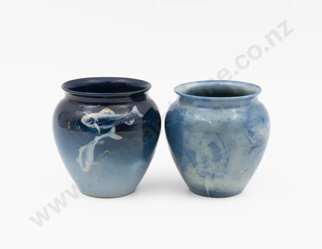Two Royal Worcester Sabrina Ware Posy Pots Painted With Fish & Swan Signed W Powell 6cm dia Image 1++